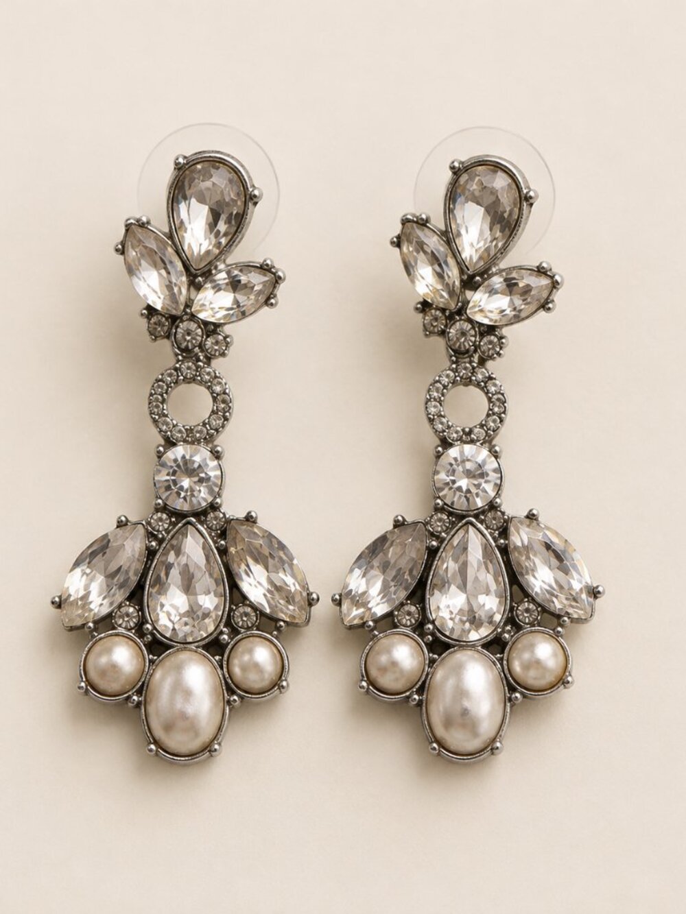 Clear Faceted Stone Pearl Look Statement Drop Earrings